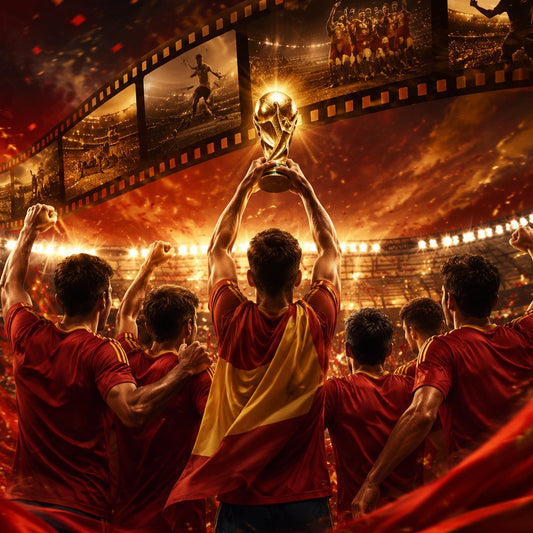 Illustration editoriale de la selection espagnole celebrant son titre mondial 2026 autour d une pellicule de documentaire