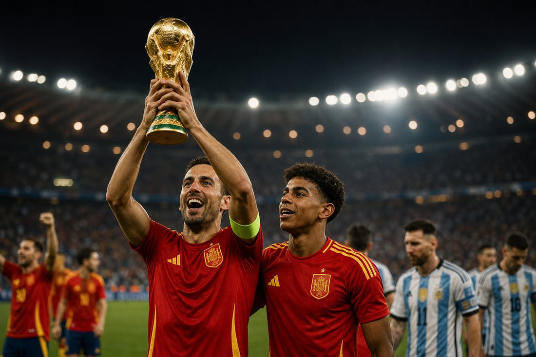 Illustration de l Espagne championne du monde 2026 avec Rodri soulevant le trophee devant l Argentine